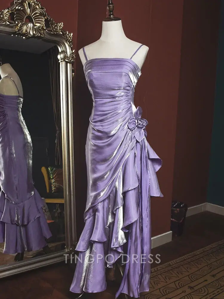 TingPo Wholesale Elegant Light Purple Vintage Floral Dress Asymmetrical Hem Prom Gown